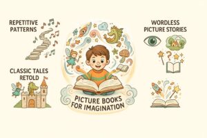 Infographic showing 4 kinds of picture books that boost a child's language and imagination