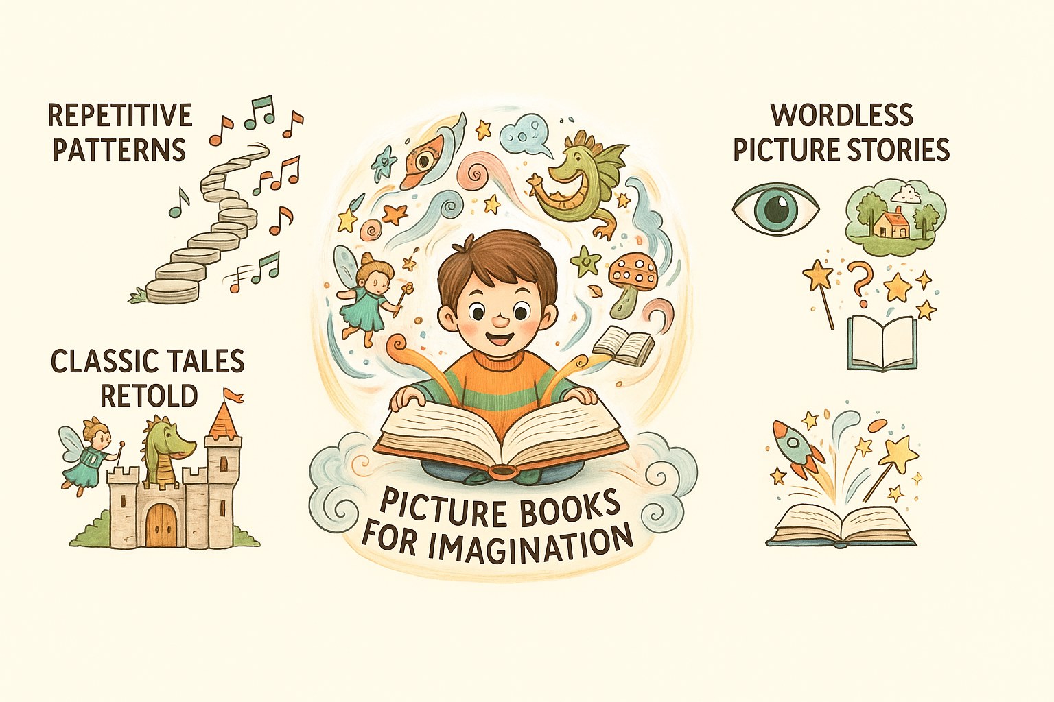 Infographic showing 4 kinds of picture books that boost a child's language and imagination