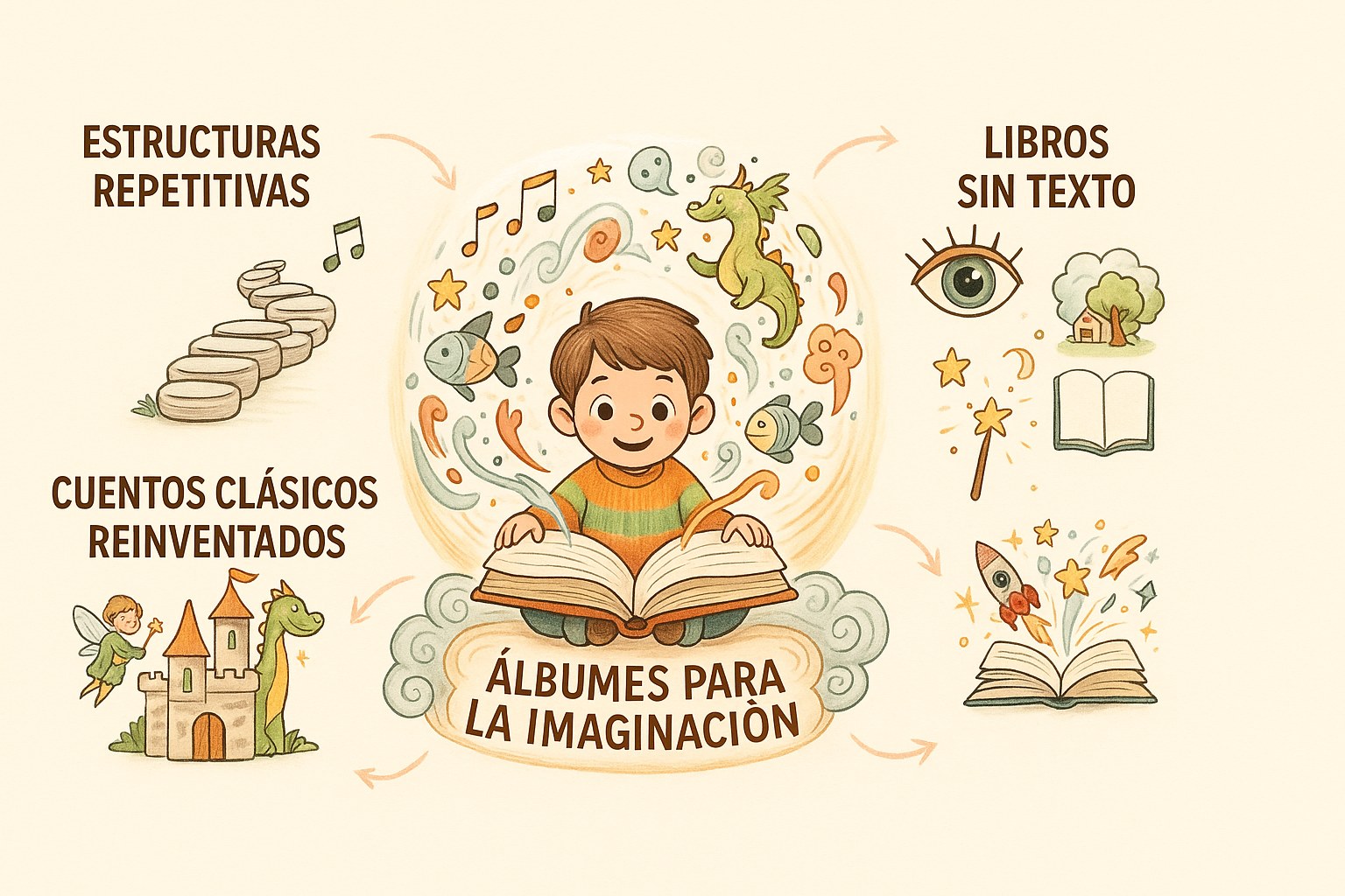 Infografía con 4 tipos de álbumes que impulsan el lenguaje y la imaginación del niño