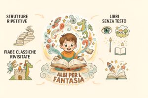 Infografica con 4 tipi di albi che stimolano il linguaggio e la fantasia del bambino