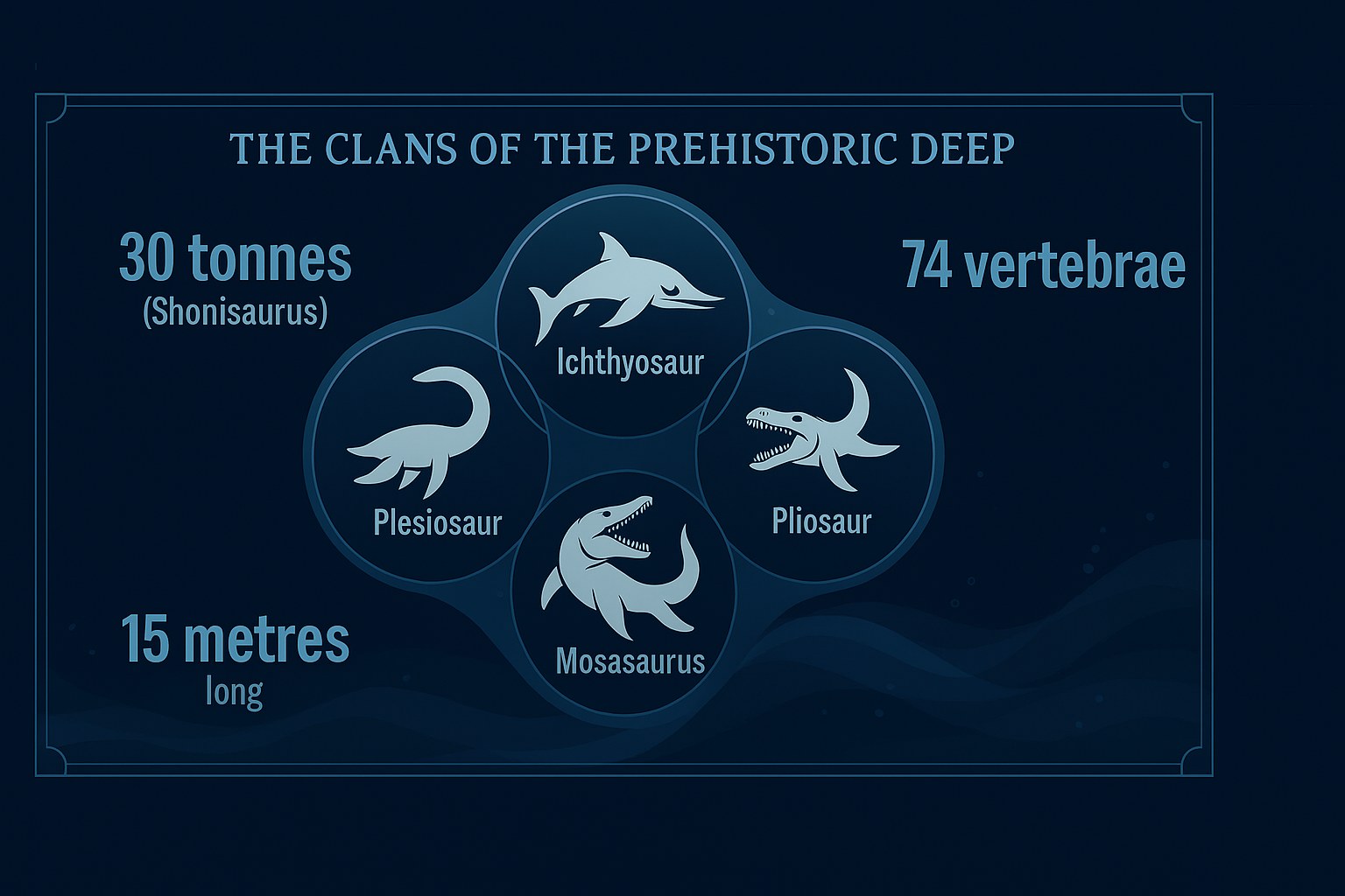 Artist's depiction of large prehistoric marine reptiles in the depths of the ocean