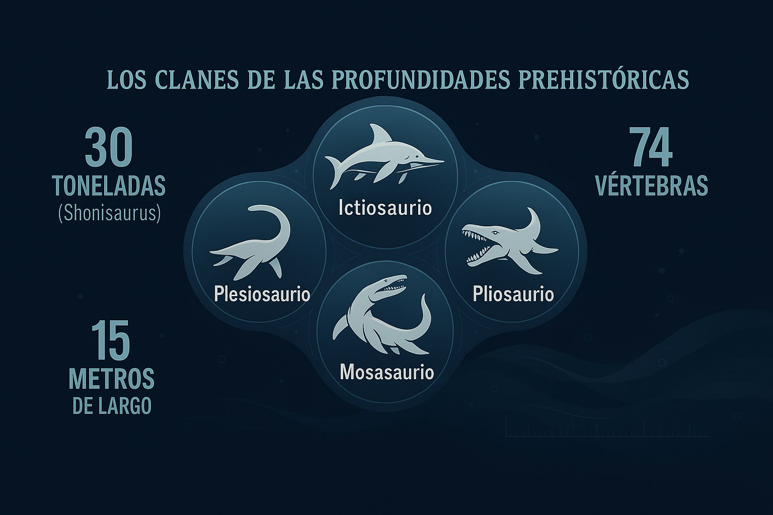 Representación artística de grandes reptiles marinos prehistóricos en las profundidades del océano