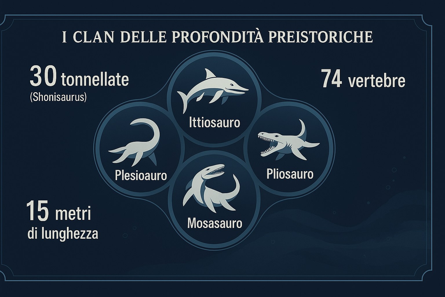 Rappresentazione artistica di grandi rettili marini preistorici nelle profondità dell'oceano