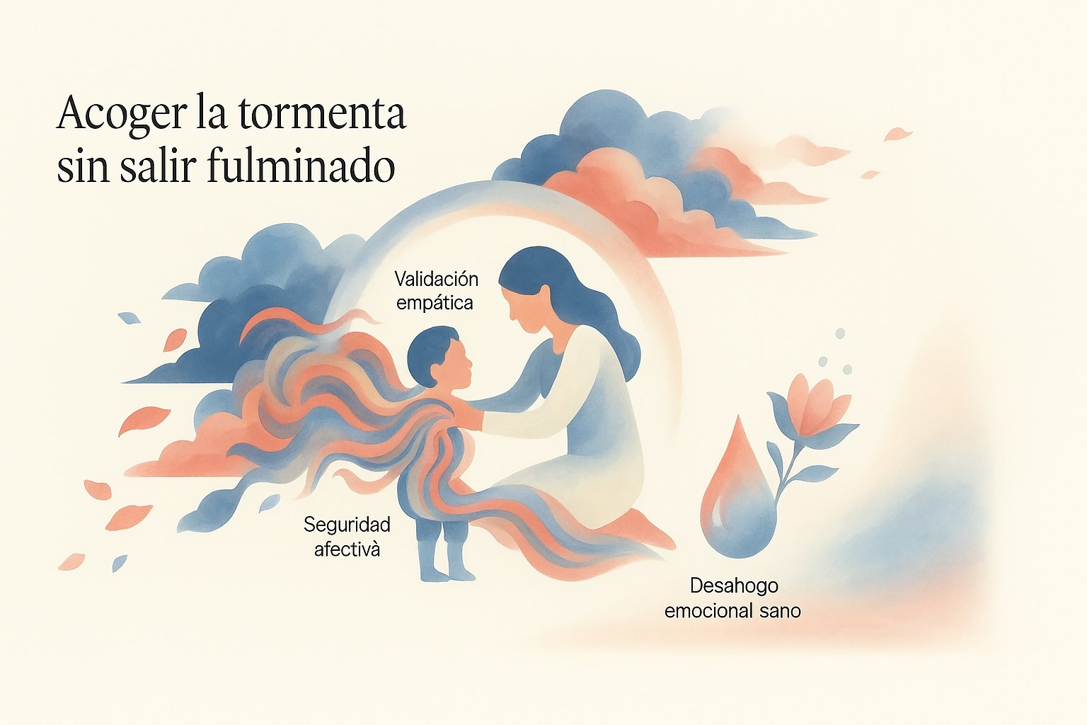 Una madre calmando a su hijo durante una tormenta emocional
