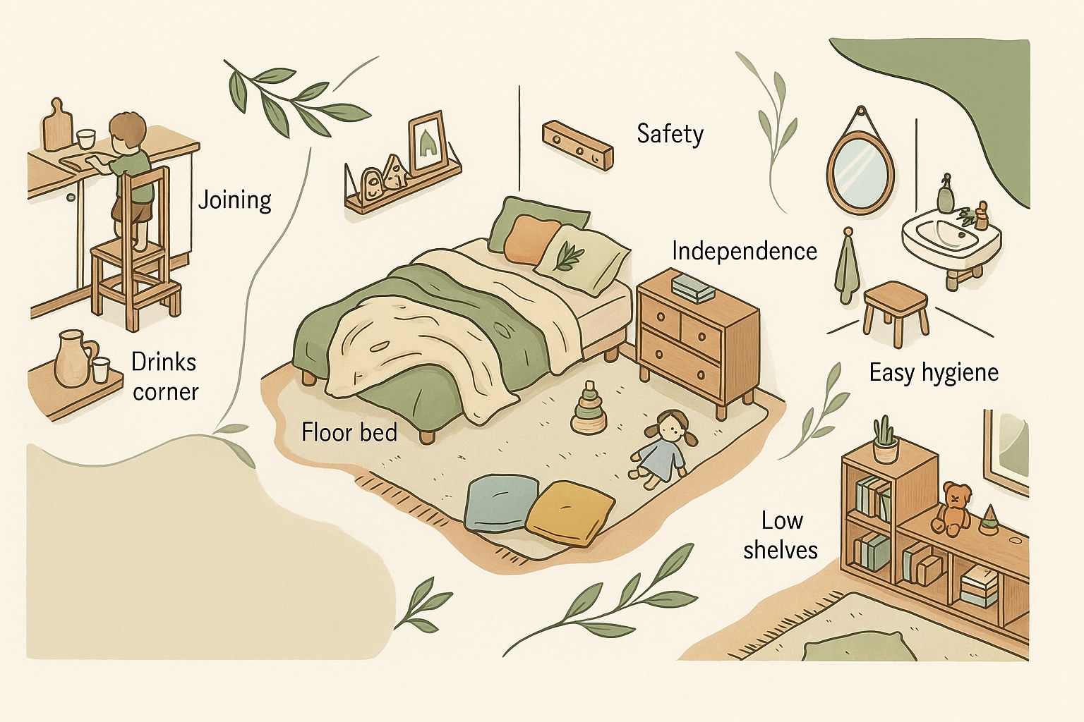 Child's bedroom with a floor bed and child-sized wooden furniture to encourage independence