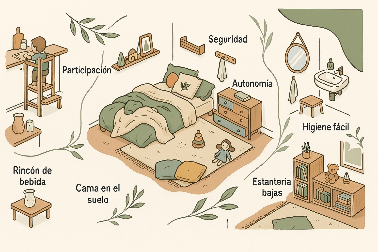 Dormitorio infantil con una cama en el suelo y muebles de madera a su tamaño para favorecer la autonomía