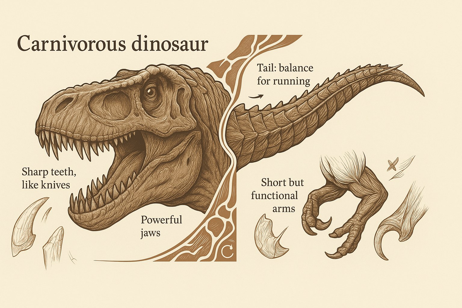 Detailed anatomy of a carnivorous dinosaur showing its sharp teeth and powerful bone structure