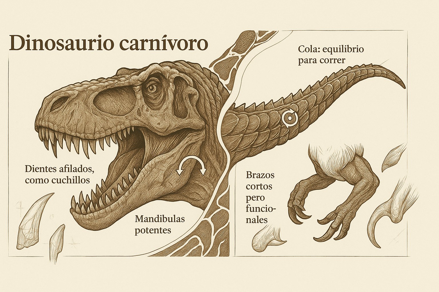 Anatomía detallada de un dinosaurio carnívoro que muestra sus dientes afilados y su poderosa estructura ósea