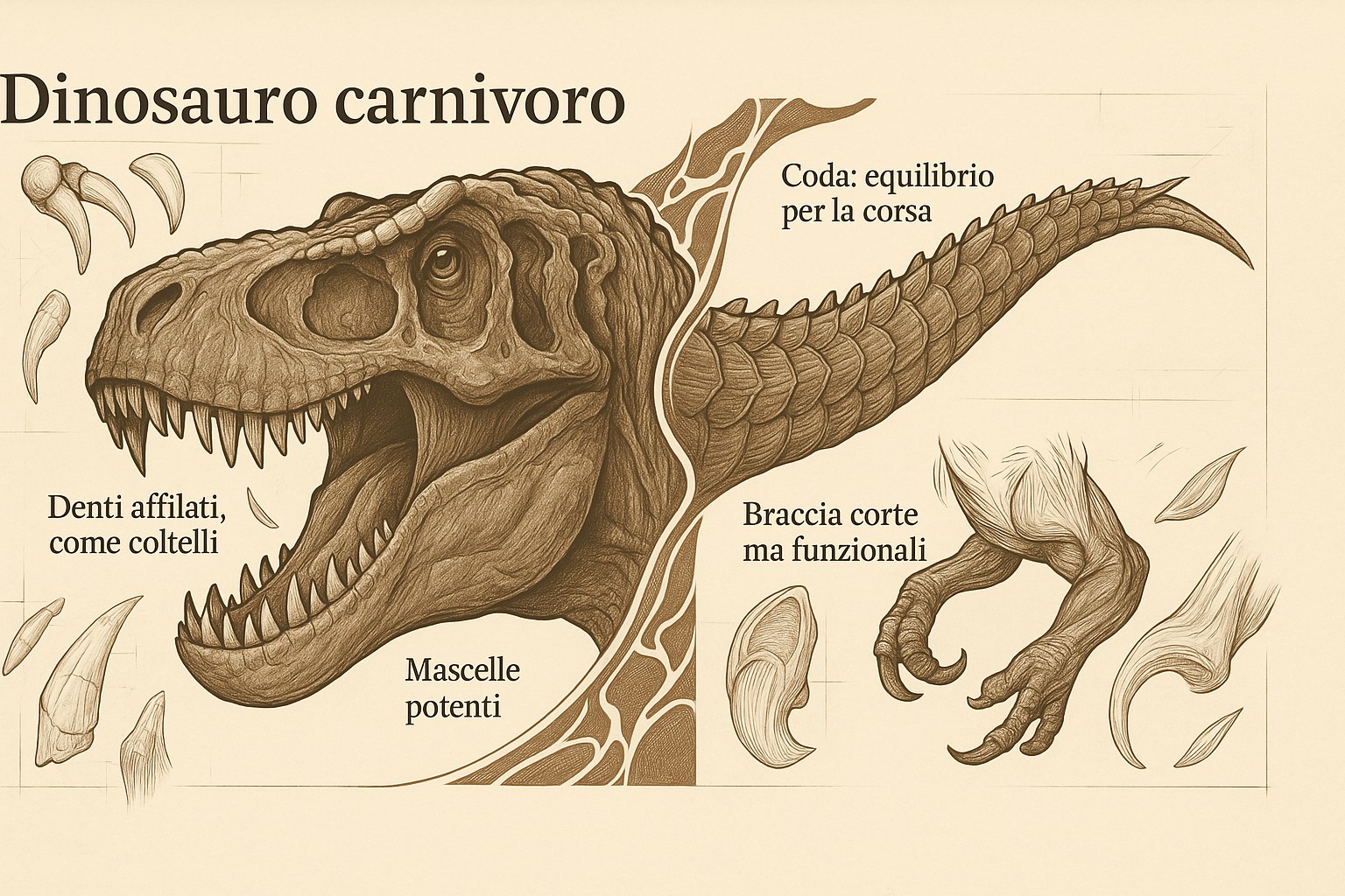 Anatomia dettagliata di un dinosauro carnivoro che mostra i denti affilati e la potente struttura ossea