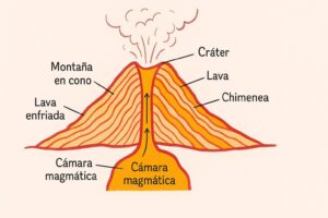 Esquema educativo que muestra el interior y el exterior de un volcán en erupción