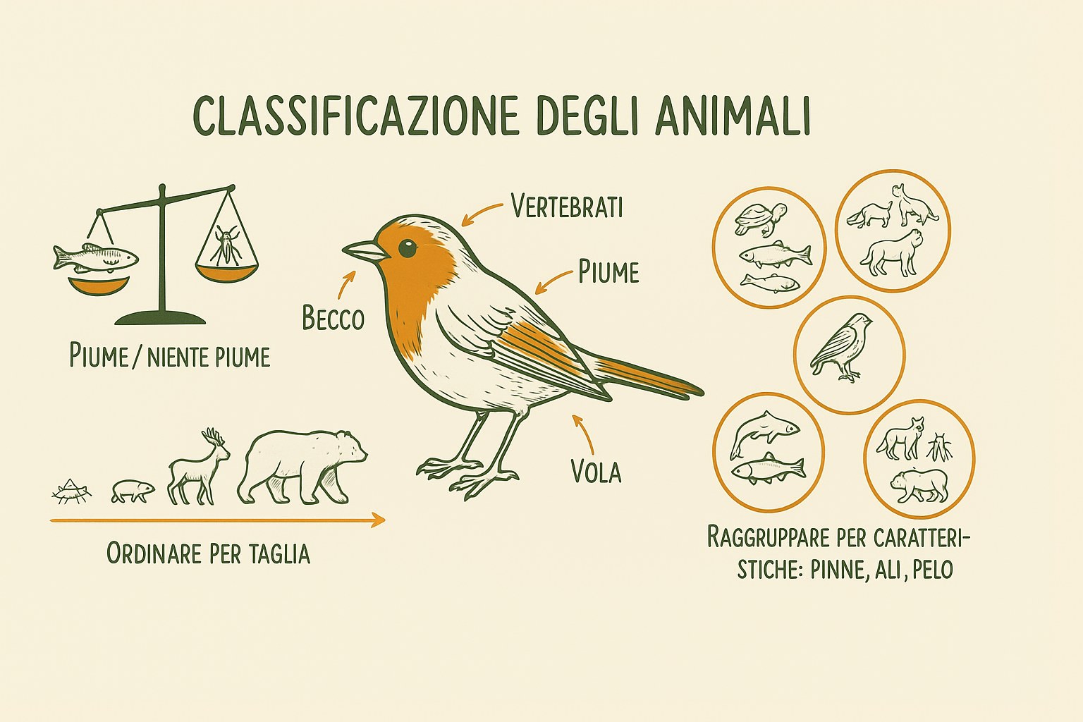 Schema didattico che illustra la classificazione dei gruppi animali per la scuola primaria