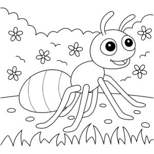 Smiling ant in a garden with flowers and grass colouring page to print