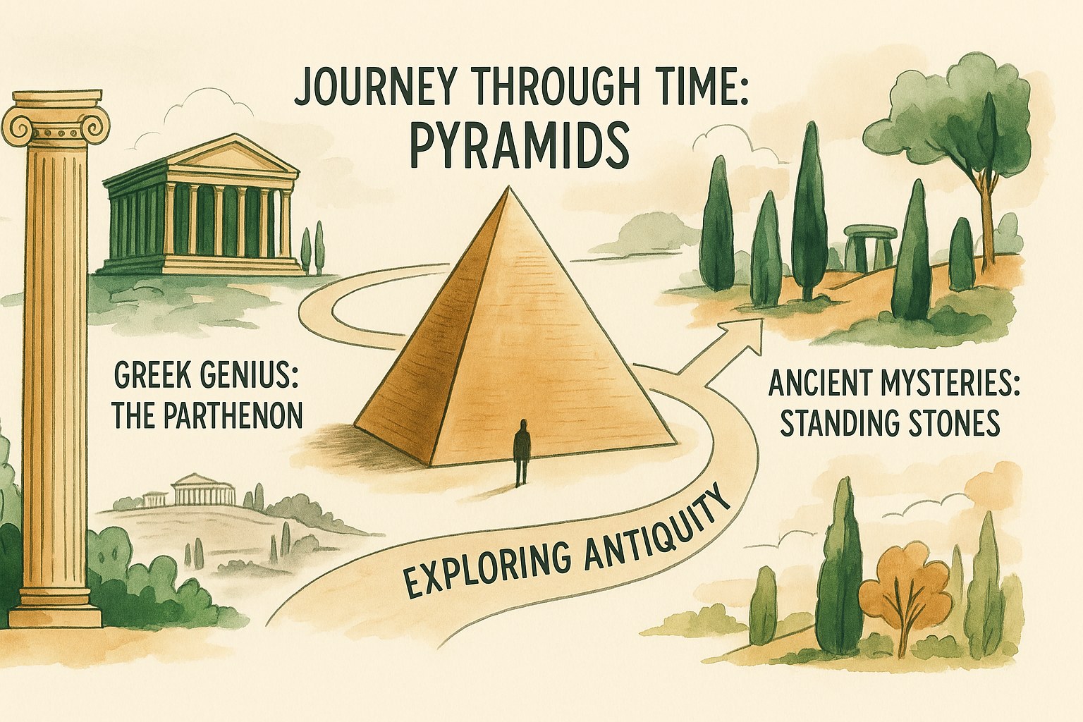 Illustration of the Egyptian pyramids and ancient ruins, with labels in English