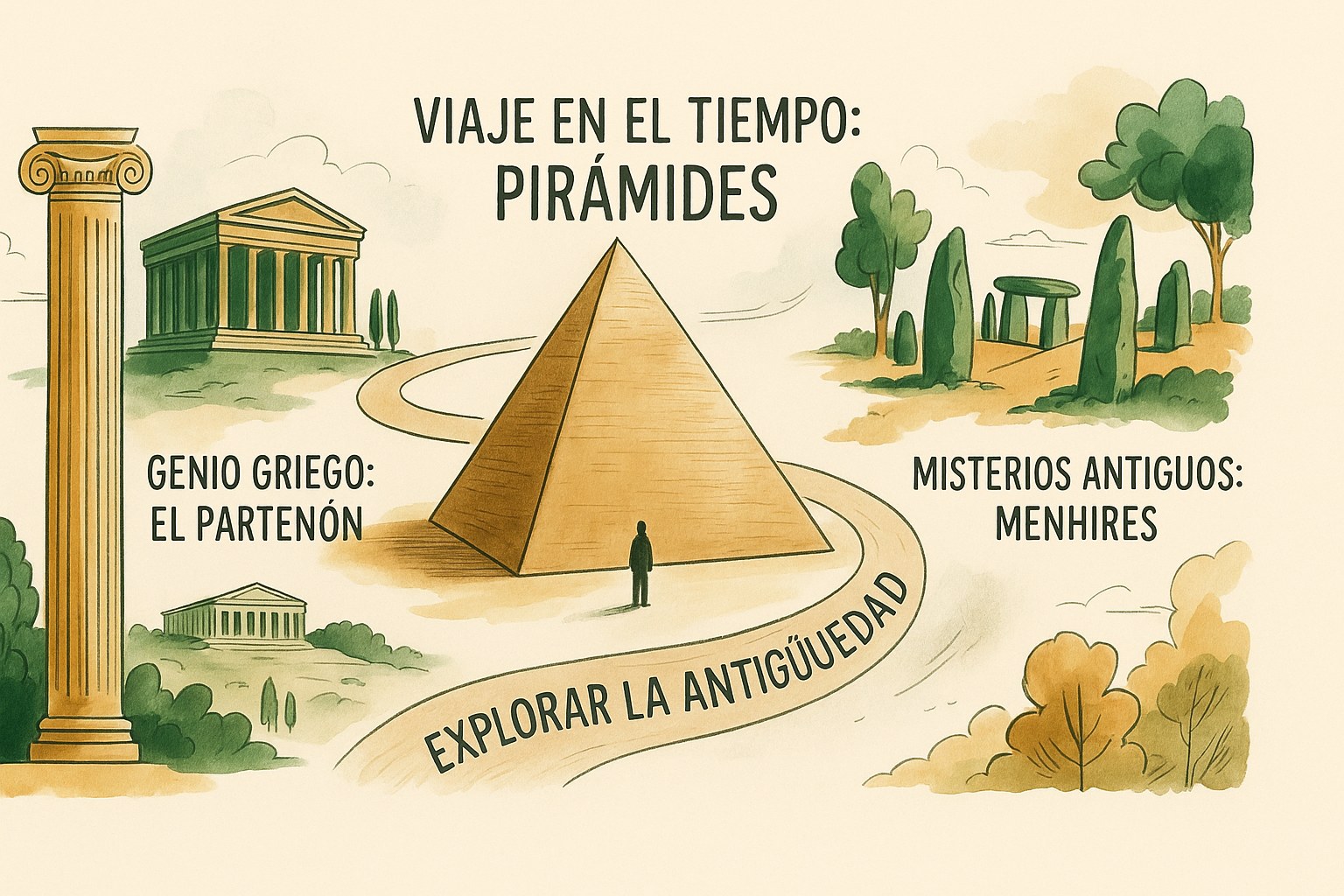 Ilustración de las pirámides de Egipto y ruinas antiguas, con etiquetas en español