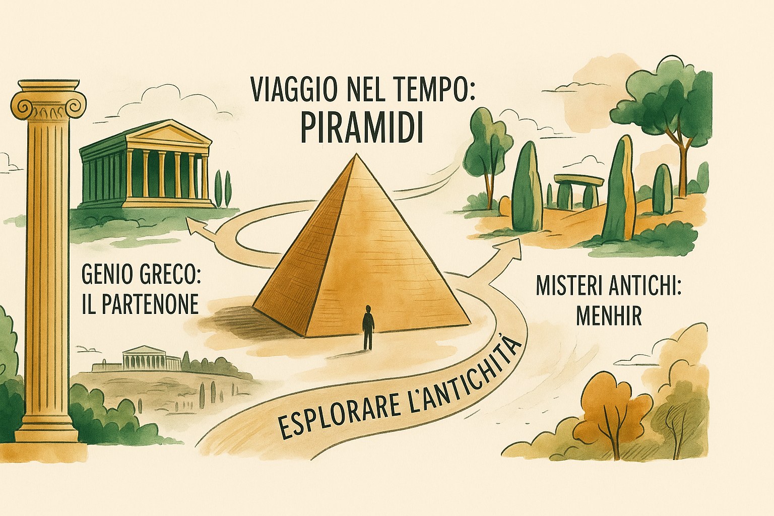 Illustrazione delle piramidi d'Egitto e di rovine antiche, con etichette in italiano