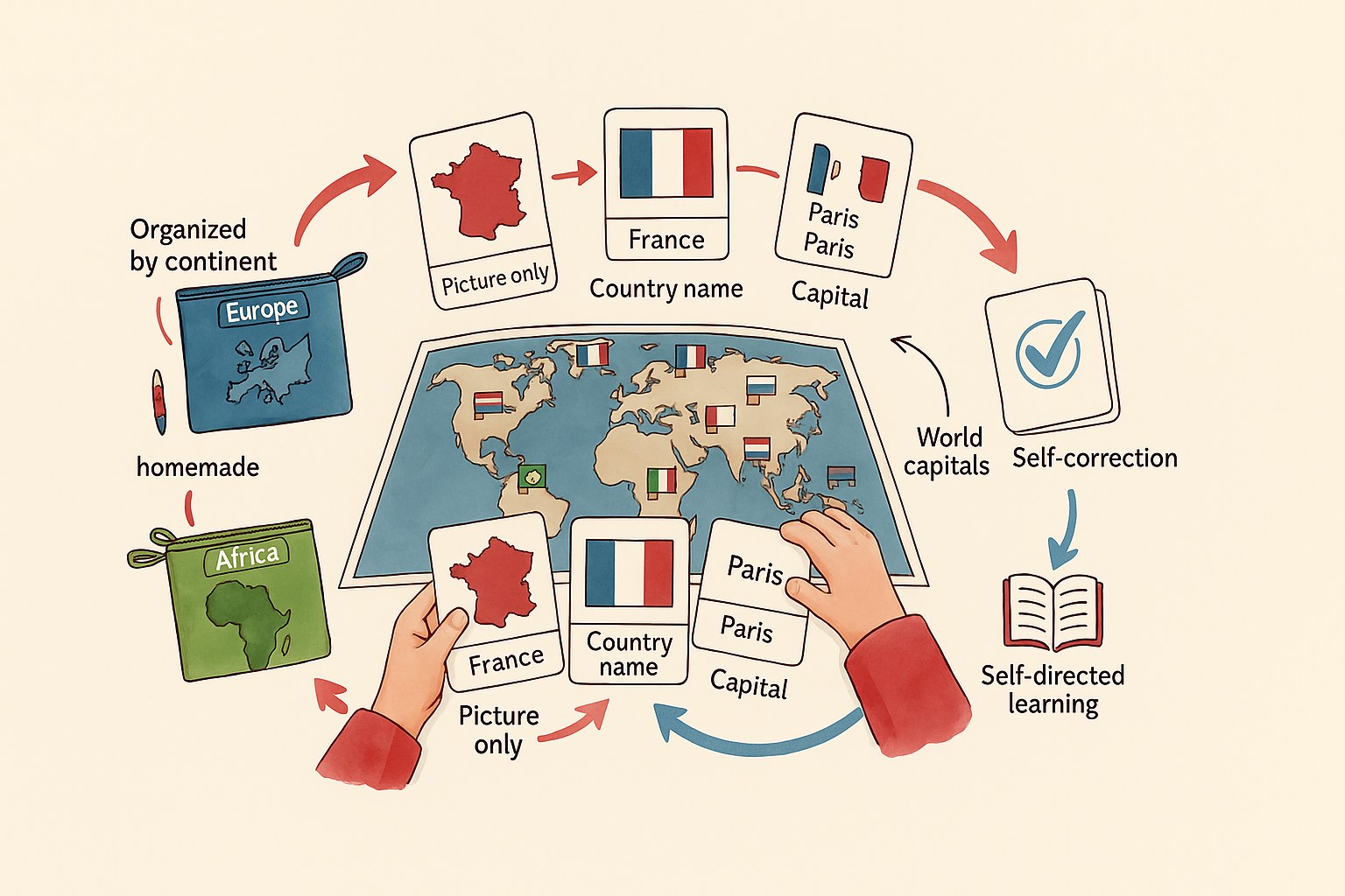 Child learning the world's capitals with colourful flags