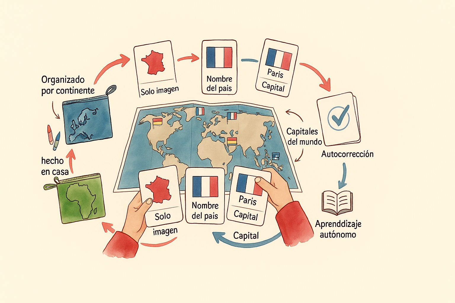 Niño que aprende las capitales del mundo con banderas coloridas