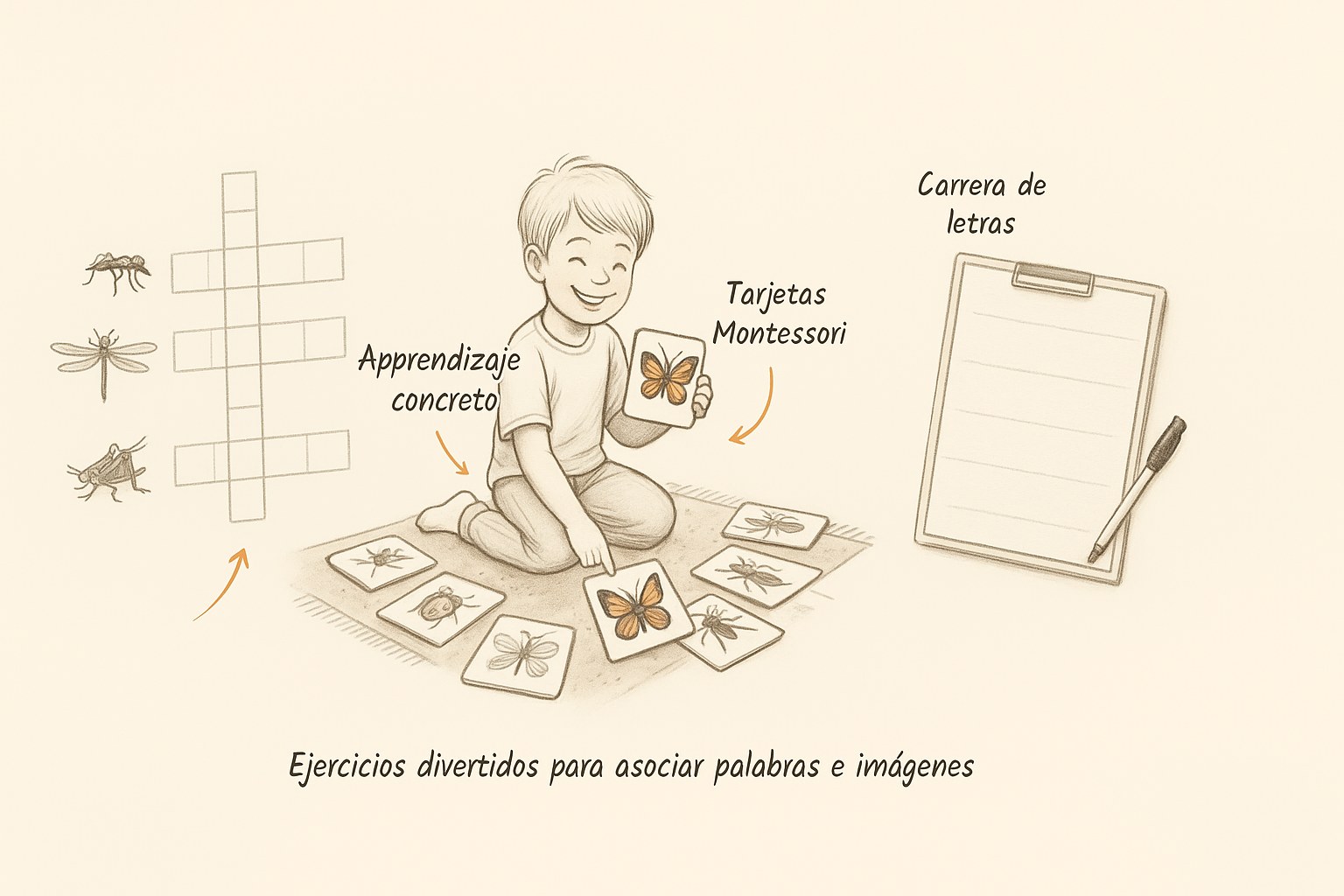 Niños manipulando fichas ilustradas sobre los insectos del jardín