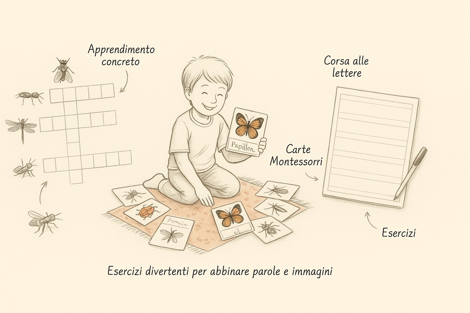 Bambini che manipolano schede illustrate sugli insetti del giardino