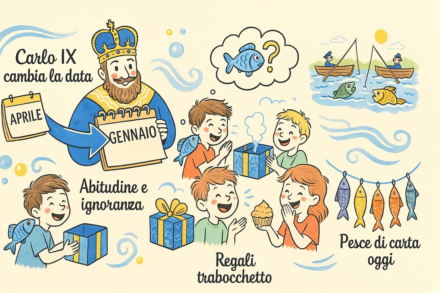 Storia illustrata della tradizione del Pesce d'aprile per bambini