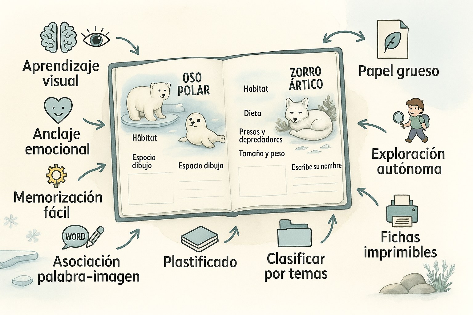 Infografía educativa que presenta los animales del Ártico para los niños
