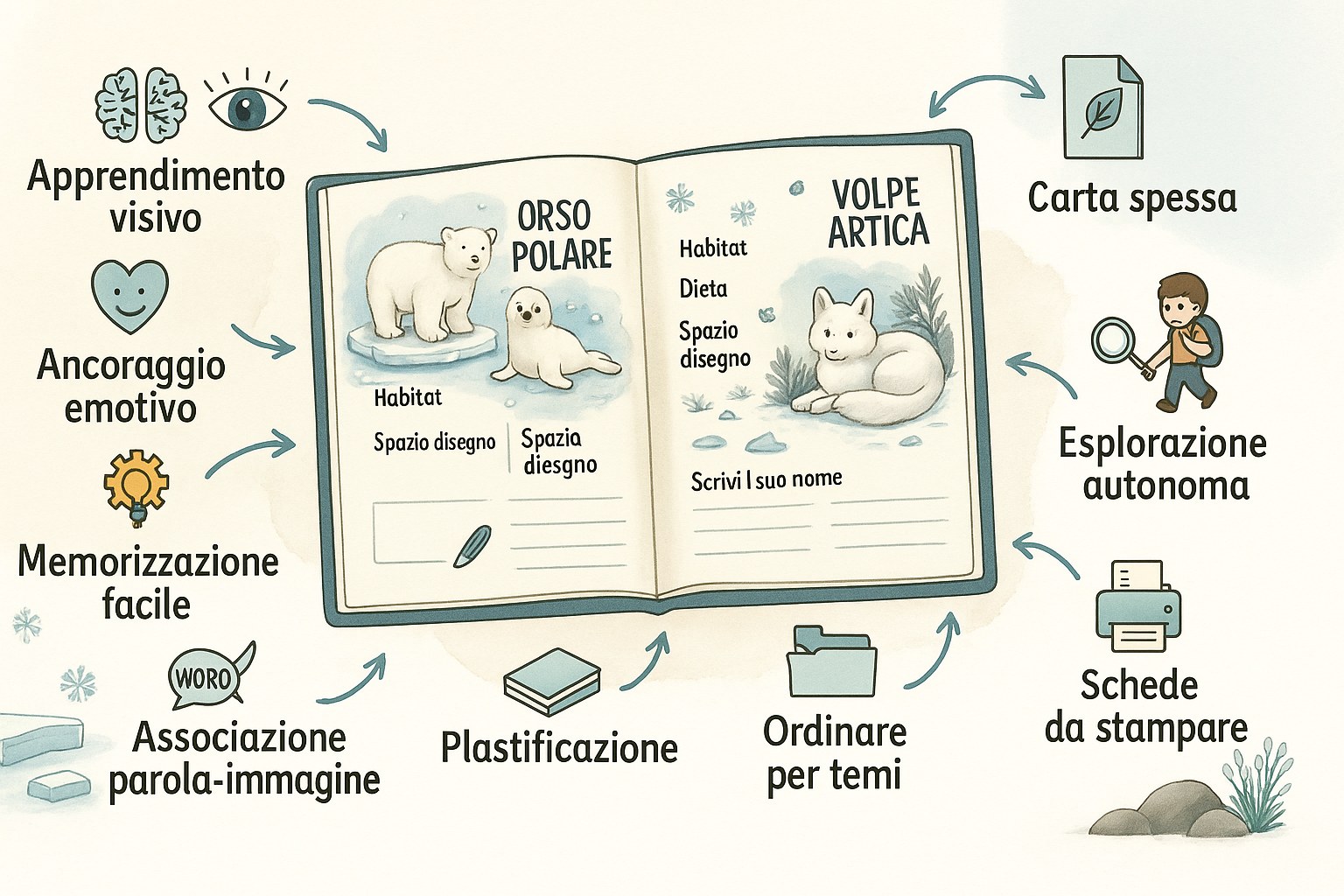 Infografica didattica che presenta gli animali dell'Artico per i bambini