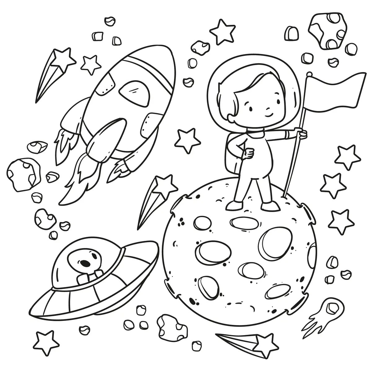 dibujo de astronauta, cohete y platillo volante para imprimir