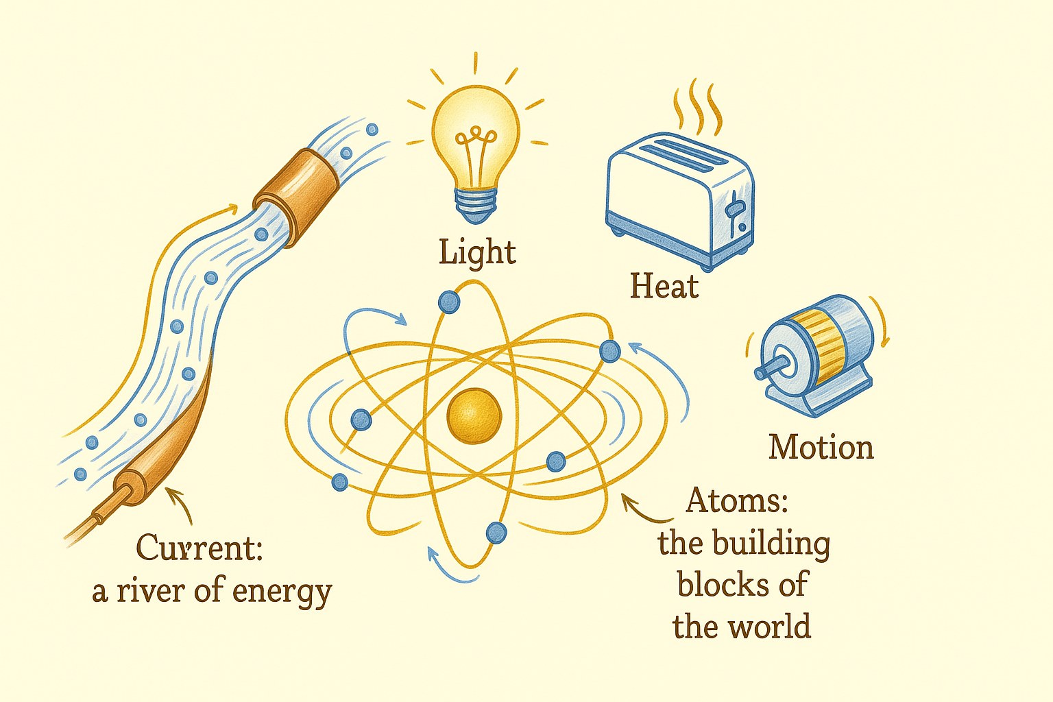 Educational diagram showing electrons circling an atomic nucleus to explain electricity