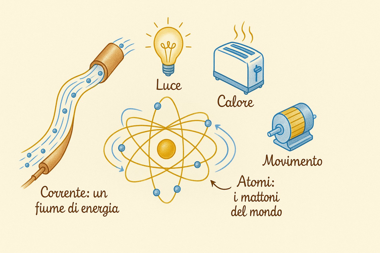 Schema didattico che mostra gli elettroni che girano attorno a un nucleo atomico per spiegare l'elettricità
