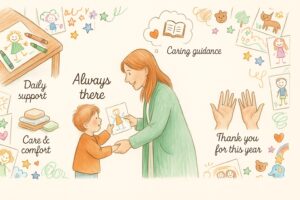 Warm illustration of a teaching assistant helping a child, with notes on her daily support, caring guidance and comfort, labelled in English