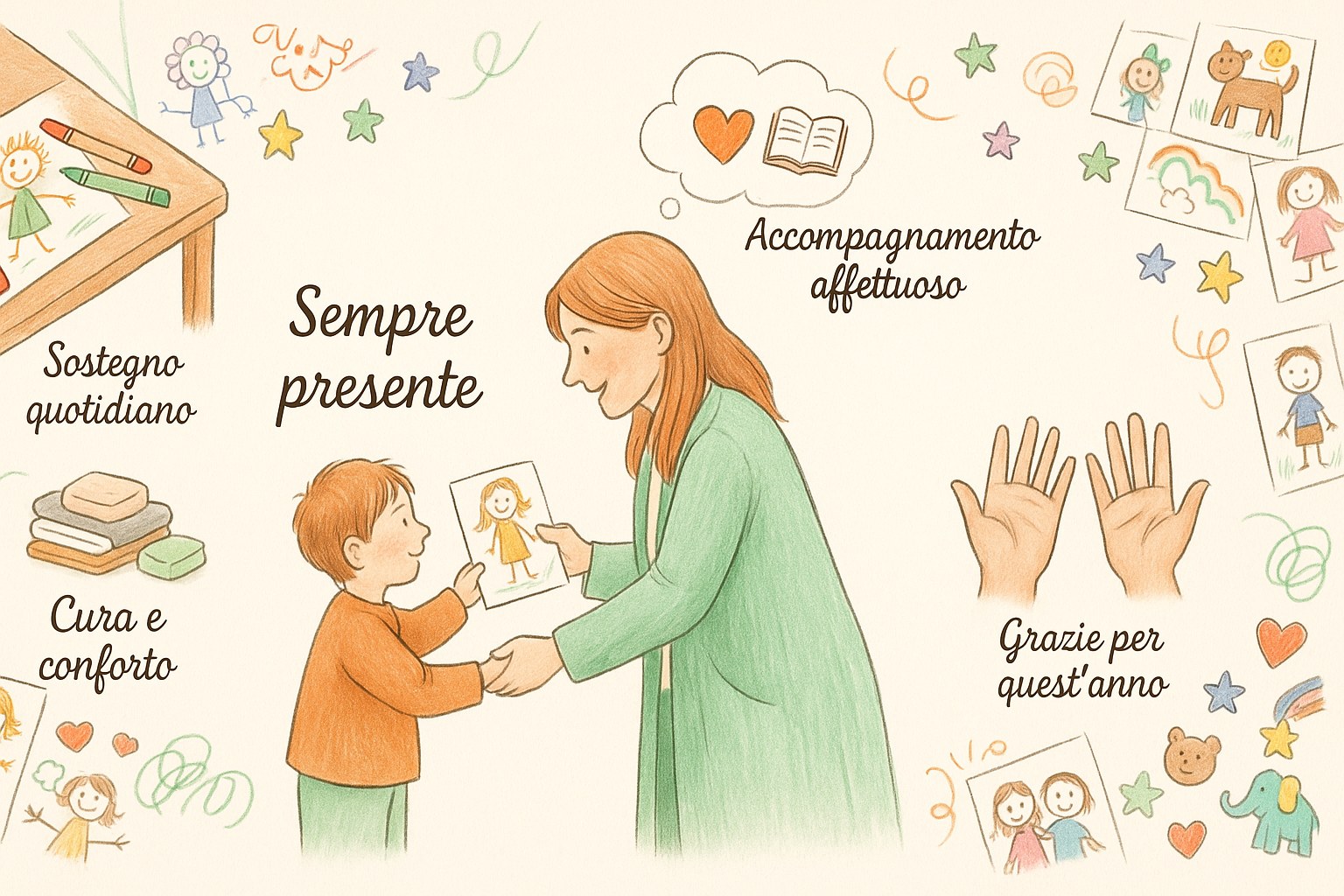 Un'assistente educativa che accompagna con dolcezza un bambino piccolo in una classe della scuola dell'infanzia