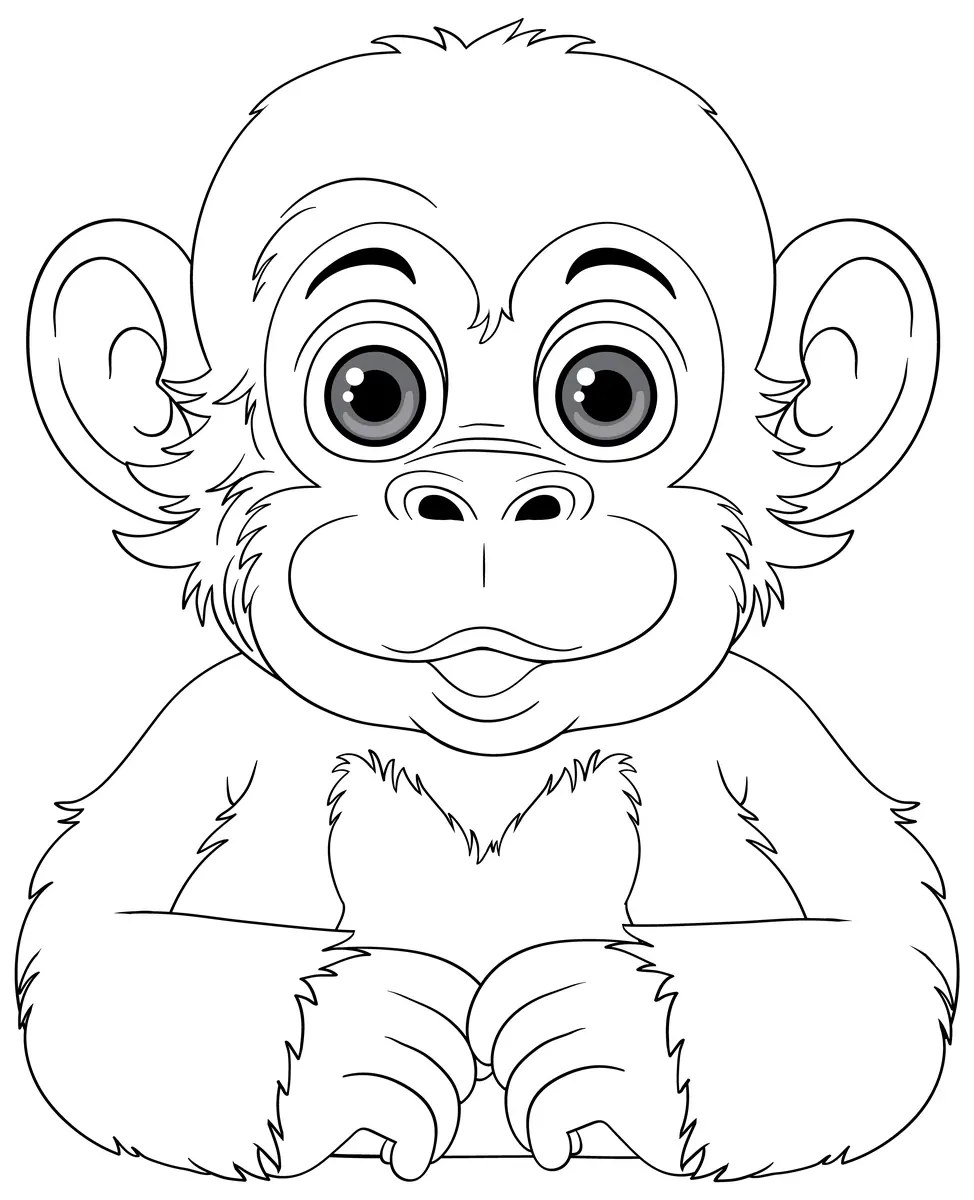 Baby chimpanzee portrait with big eyes colouring page to print