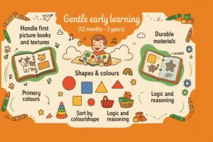 Colourful infographic of gentle early learning for babies aged 12 months to 3 years, with picture books, shapes and colours