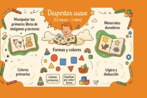 Infografia colorida sobre el aprendizaje suave para bebes de 12 meses a 3 anos, con libros de imagenes, formas y colores