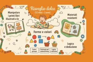 Infografica colorata sull'apprendimento dolce per neonati dai 12 mesi ai 3 anni, con libri illustrati, forme e colori