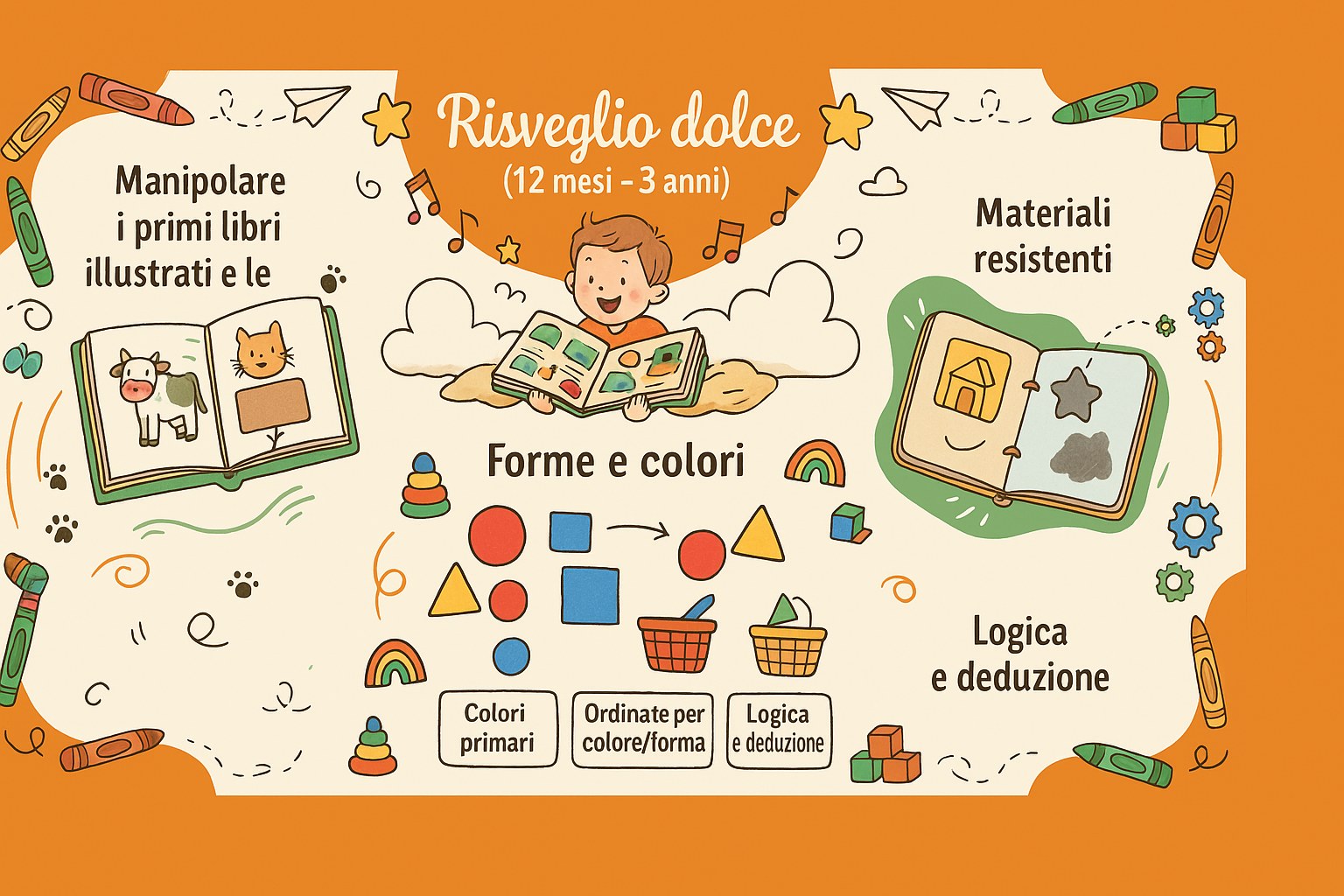 Infografica colorata sull'apprendimento dolce per neonati dai 12 mesi ai 3 anni, con libri illustrati, forme e colori