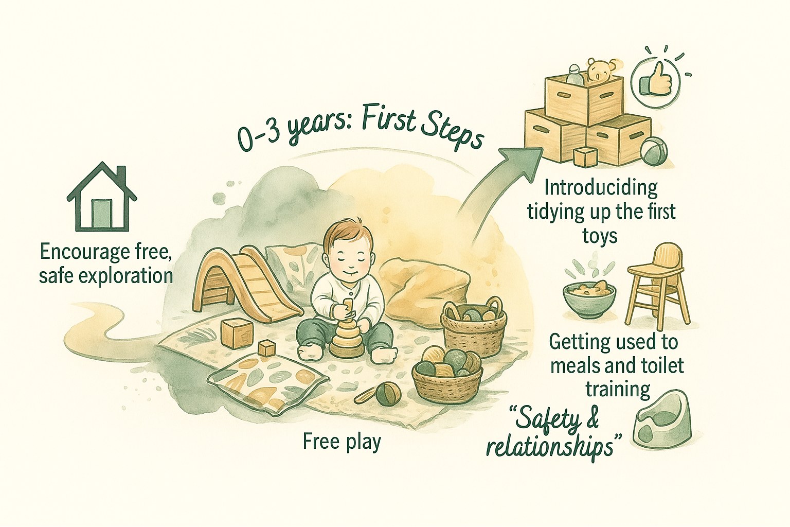 Infographic of a baby's first steps towards independence from 0 to 3 years