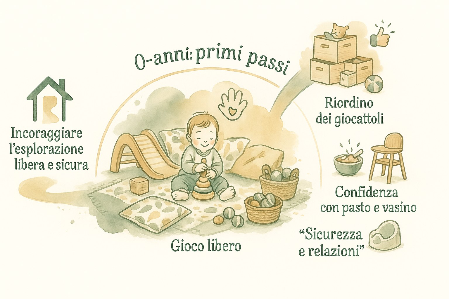 Infografica dei primi passi del bambino verso l'autonomia da 0 a 3 anni