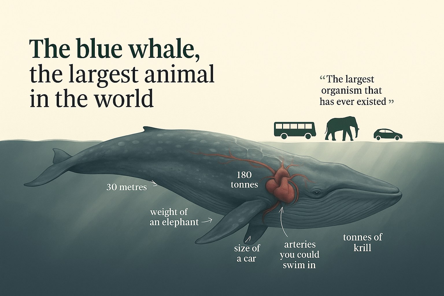Hand-painted illustration of a blue whale, the largest animal in the world, with labels showing its 30-metre length and 180-tonne weight