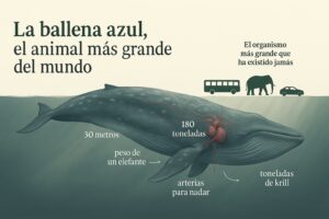 Ilustración pintada a mano de una ballena azul, el animal más grande del mundo, con etiquetas de sus 30 metros de largo y sus 180 toneladas de peso