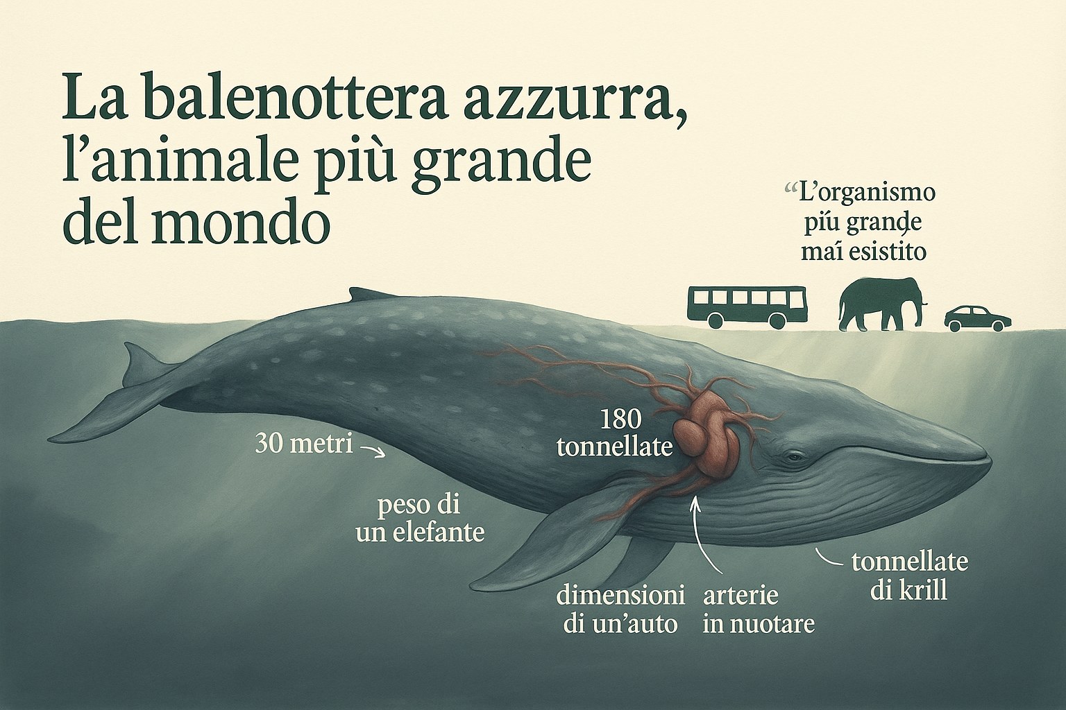 Illustrazione dipinta a mano di una balenottera azzurra, l'animale più grande del mondo, con le etichette dei suoi 30 metri di lunghezza e delle sue 180 tonnellate di peso