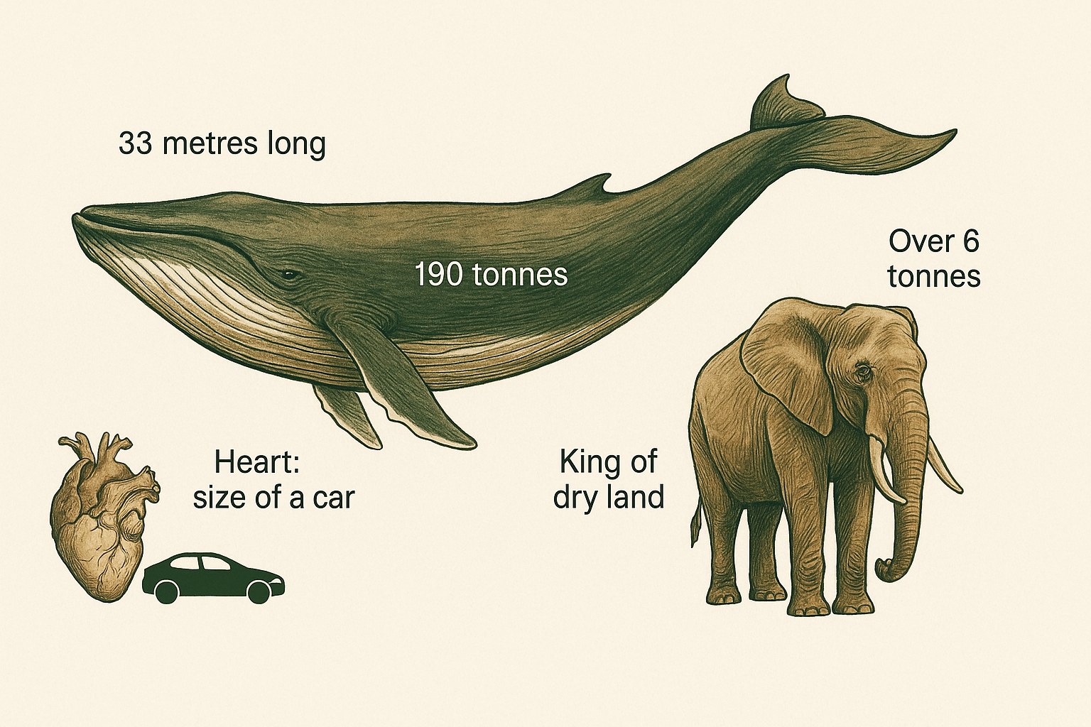 Size comparison between a blue whale and an African elephant