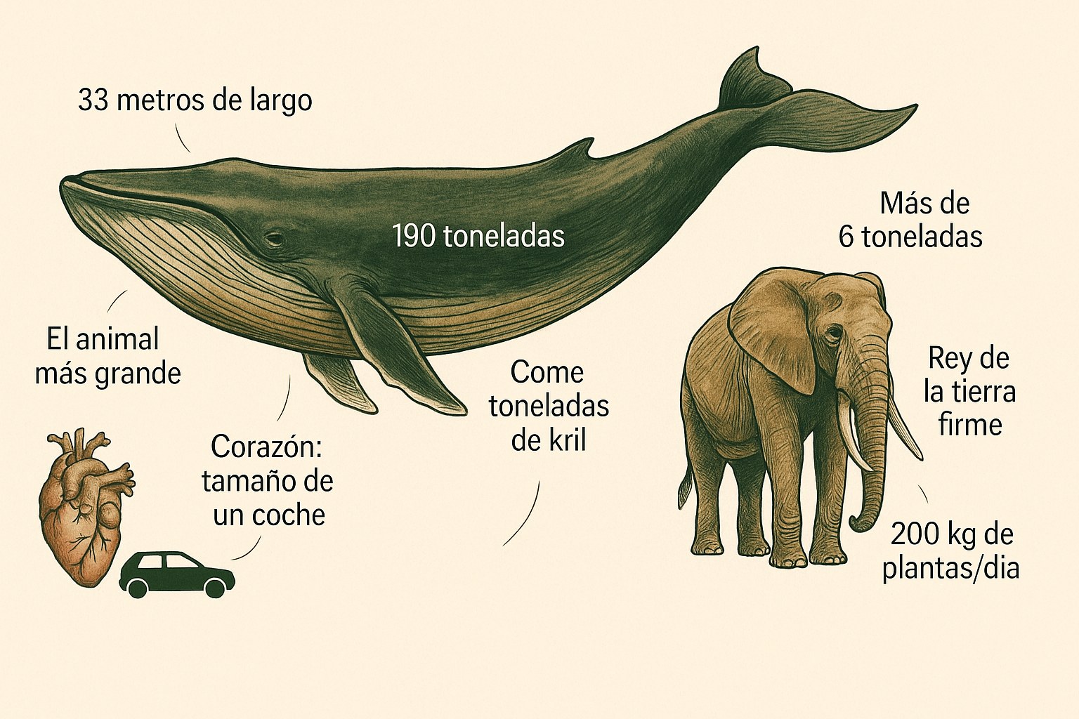 Comparacion de tamano entre una ballena azul y un elefante africano