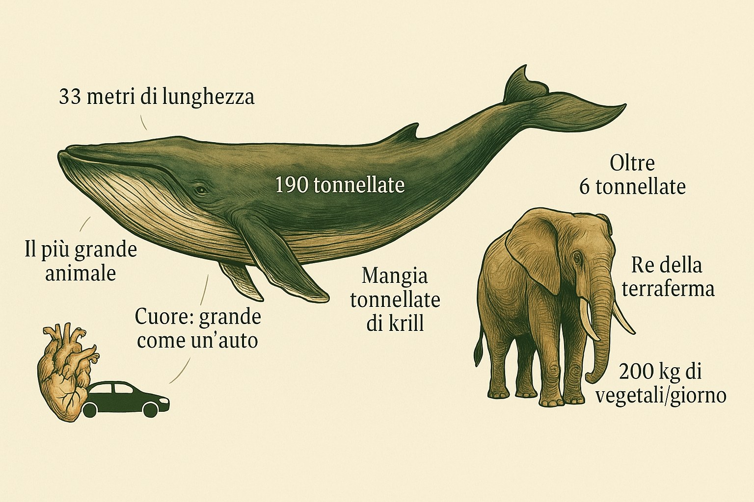 Confronto di dimensioni tra una balenottera azzurra e un elefante africano