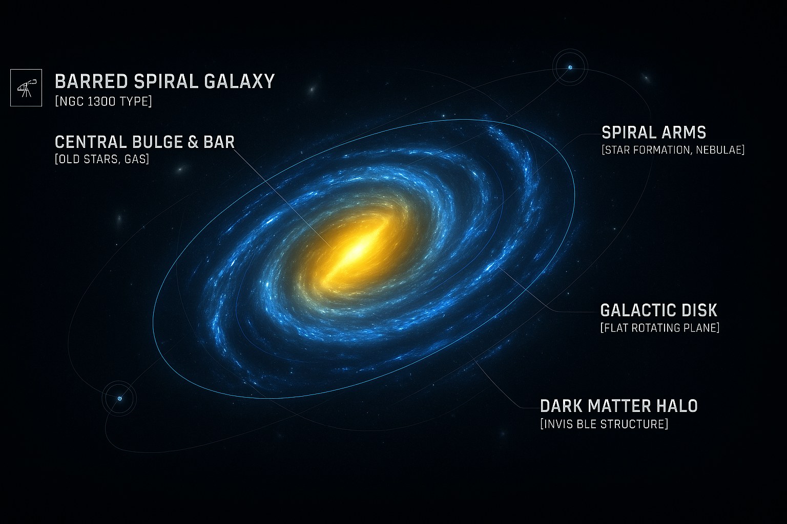 Representation of a barred spiral galaxy with its bright arms and dense centre