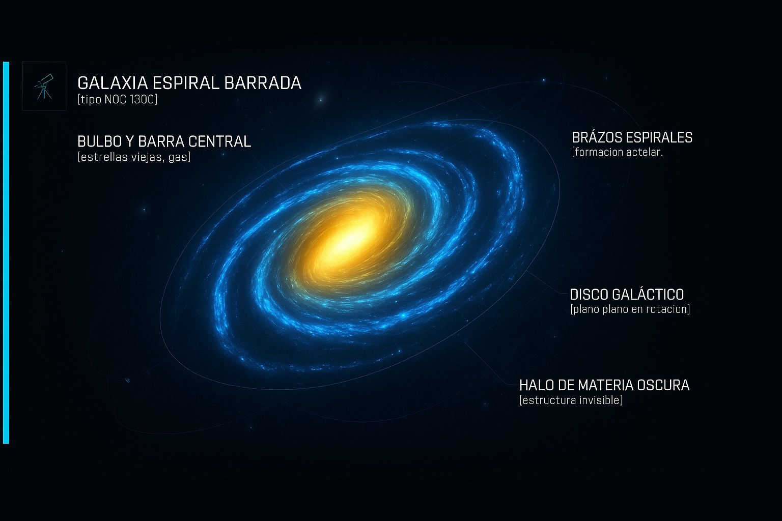 Representación de una galaxia espiral barrada con sus brazos luminosos y su centro denso