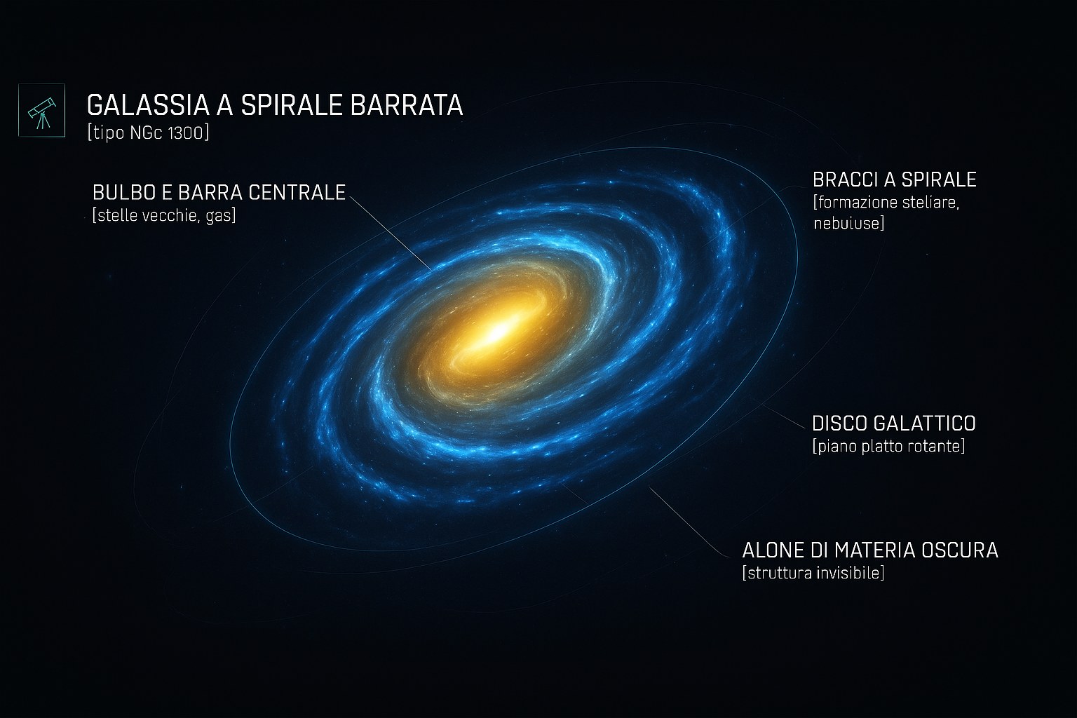 Rappresentazione di una galassia a spirale barrata con i suoi bracci luminosi e il centro denso