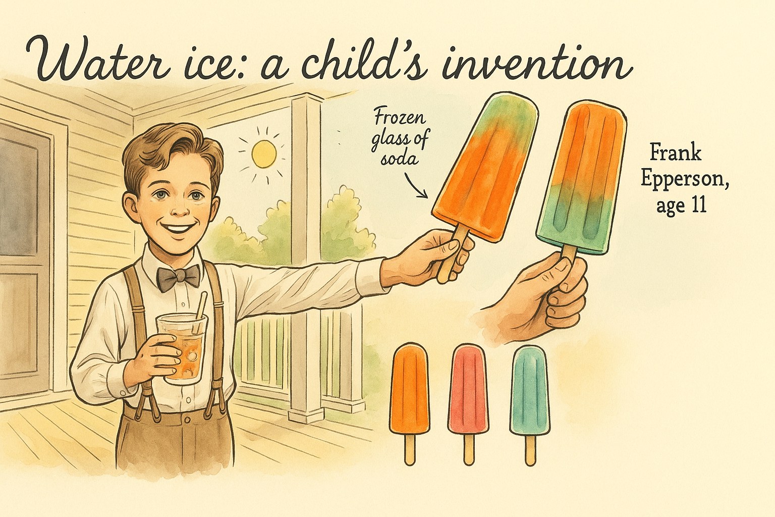 Young boy discovering his frozen ice lolly on a porch, with labels in English
