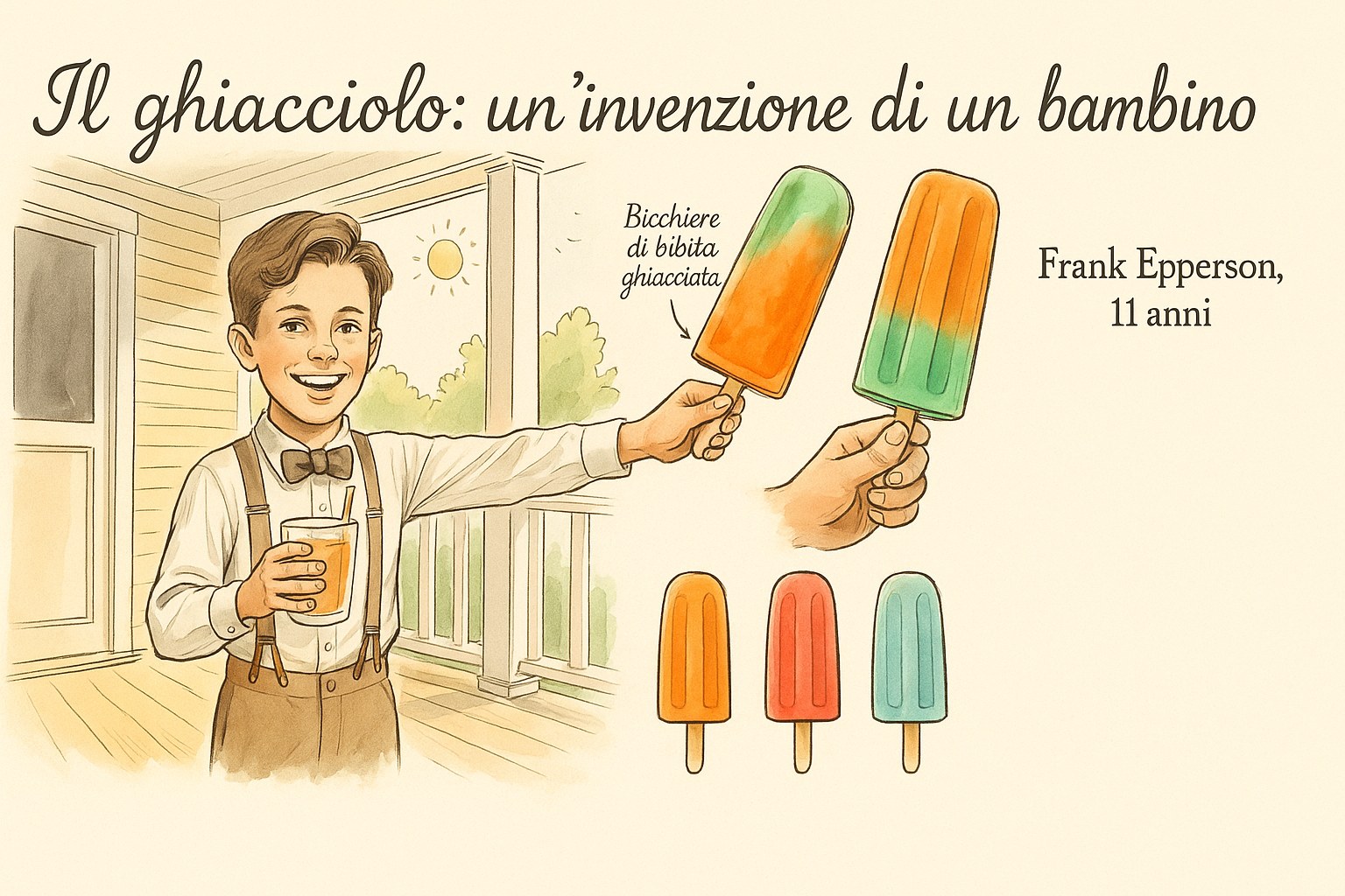 Bambino che scopre il suo ghiacciolo ghiacciato su un portico, con etichette in italiano