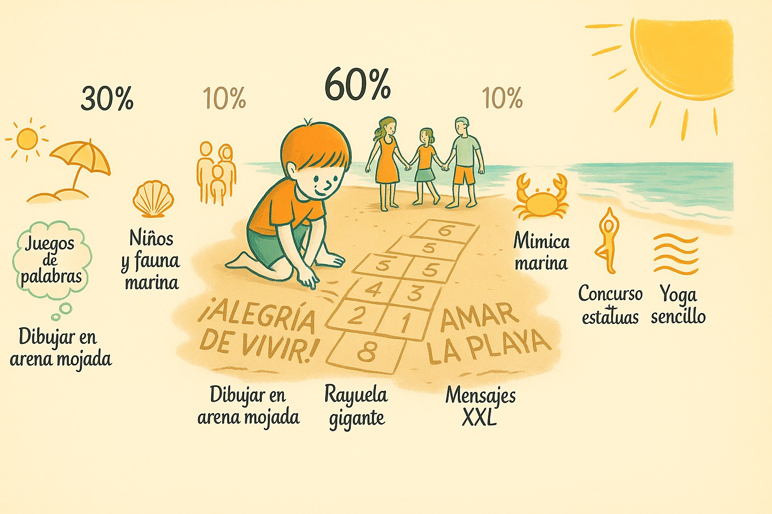 Guia ilustrada de actividades de playa para ninos: juegos de palabras, historias en grupo, rayuela gigante, mimica marina y yoga sencillo
